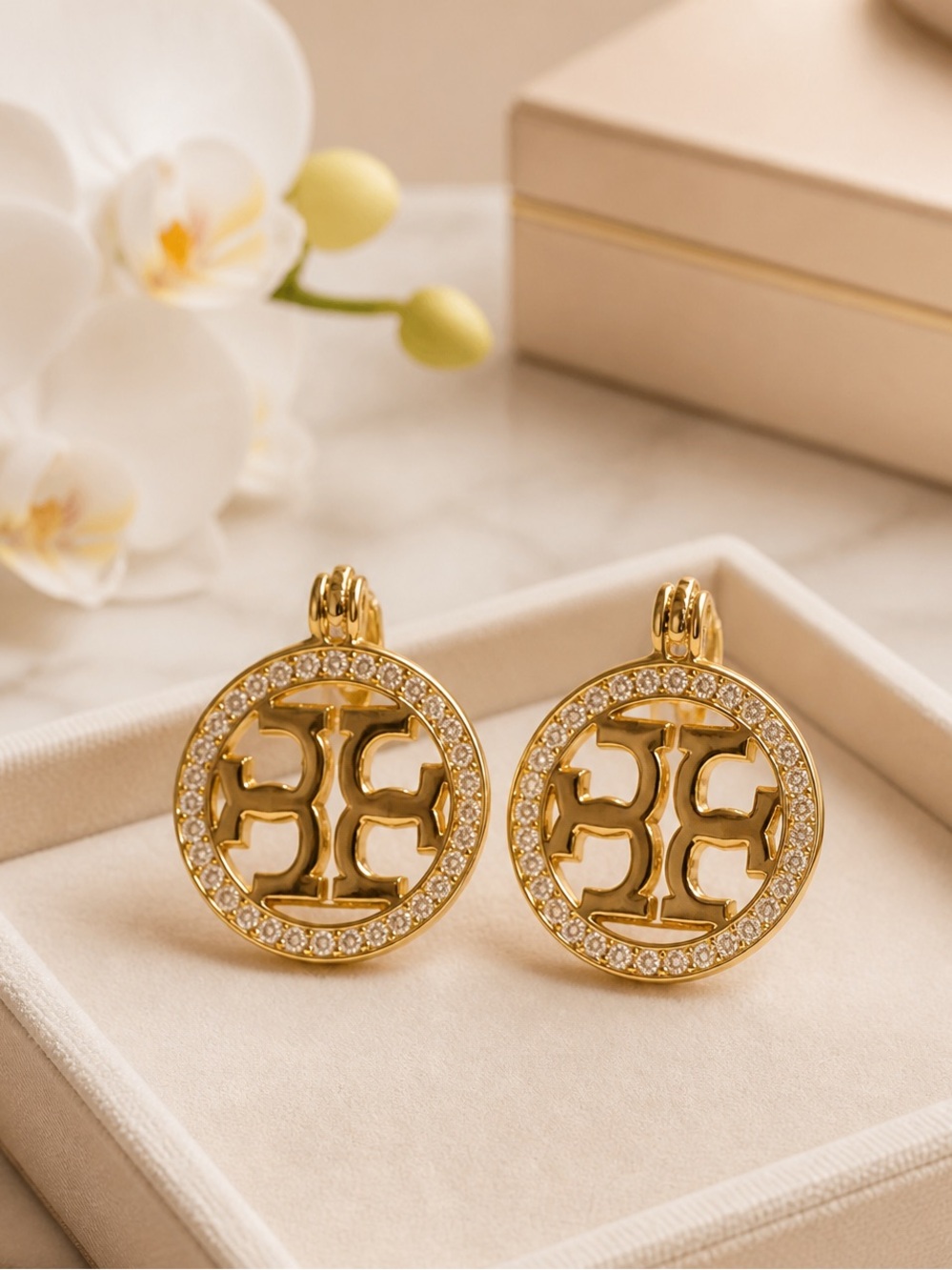 Tory Burch Gold Round Logo hoop Earrings with Crystal Halo-NEW!
